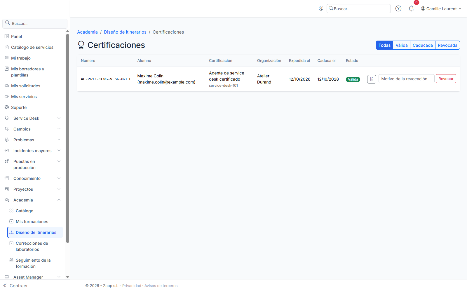 Las certificaciones expedidas: filtro por estado, PDF y revocación con motivo.
