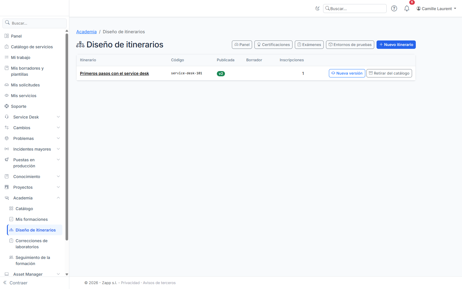 El diseño de itinerarios: versión publicada, borrador, inscripciones y acceso al panel, las certificaciones y los exámenes.