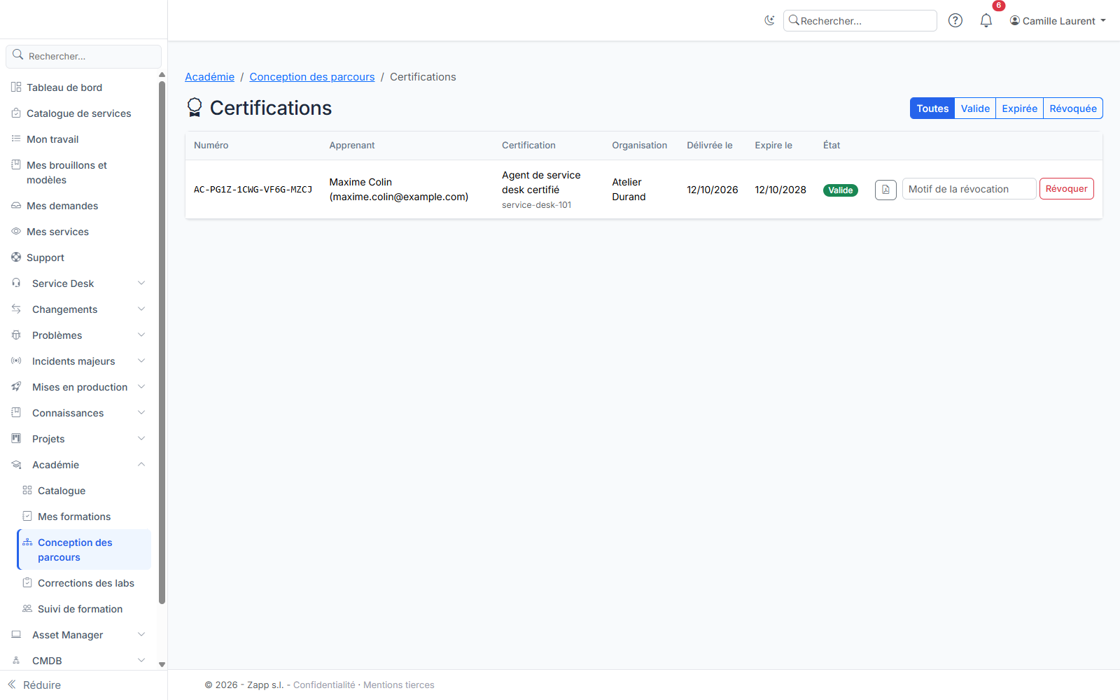 Les certifications délivrées : filtre par état, PDF et révocation avec motif.