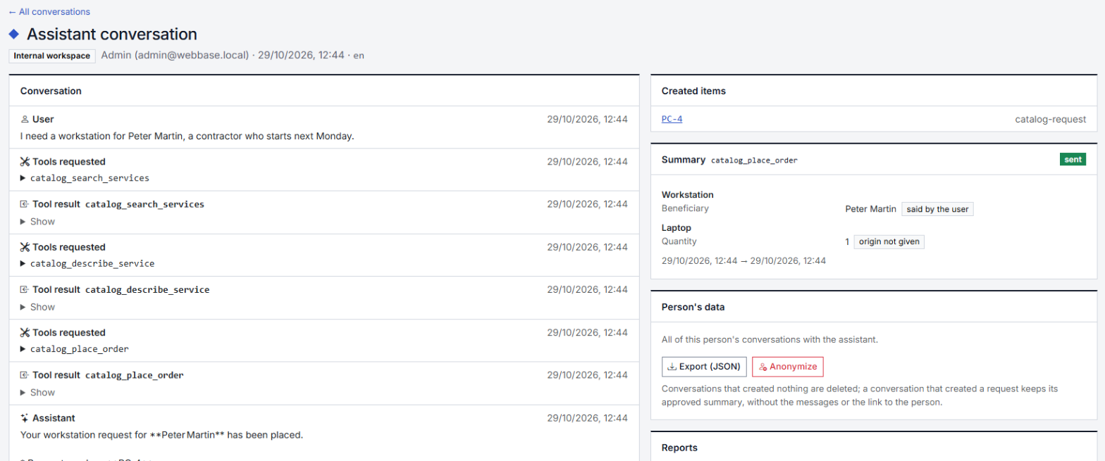 A conversation: messages and tools called on the left; on the right the item created, the sent summary with the origin of each value, and the person's data.