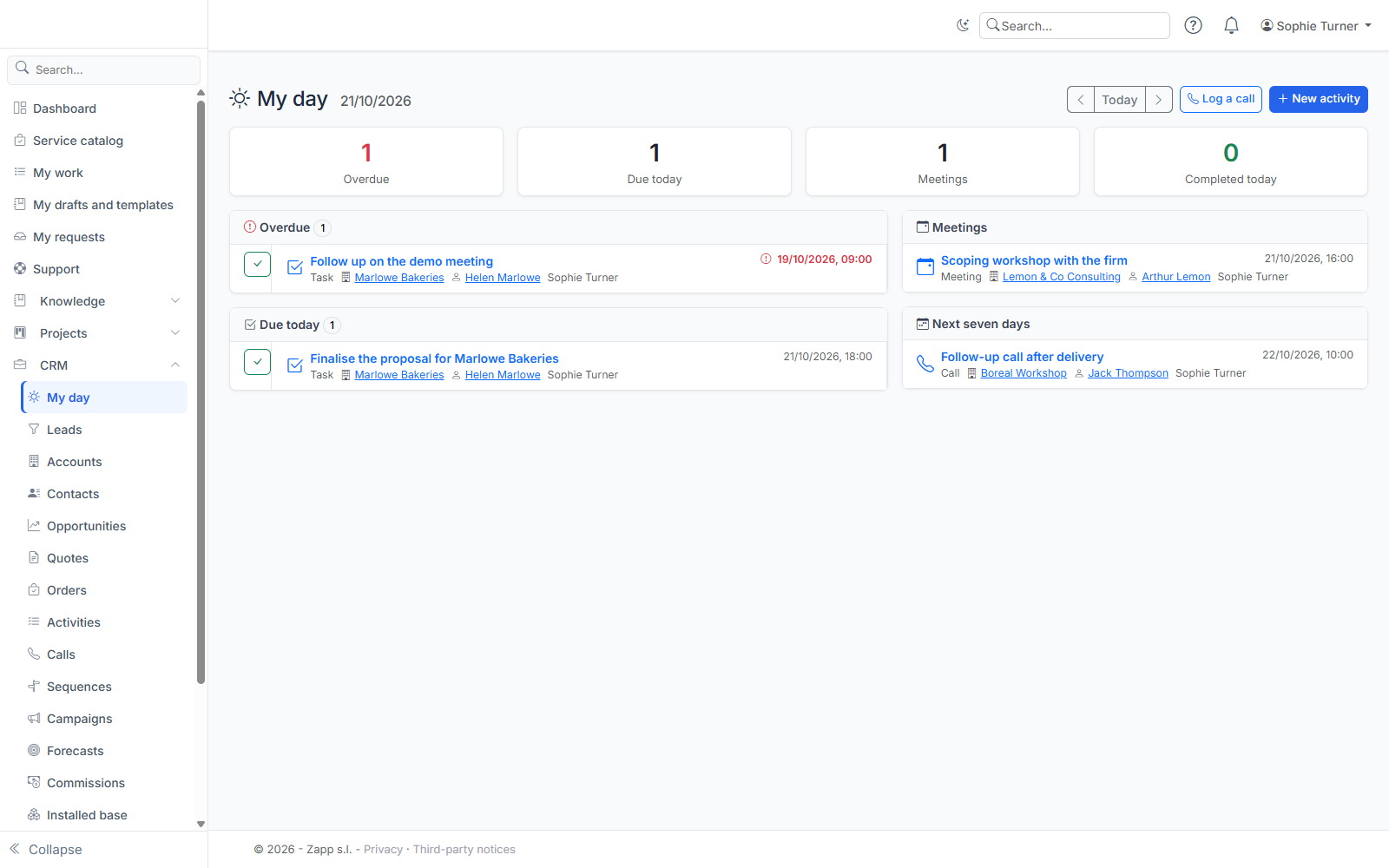 “My day”: overdue and due-today tasks, meetings and activities for the next seven days.
