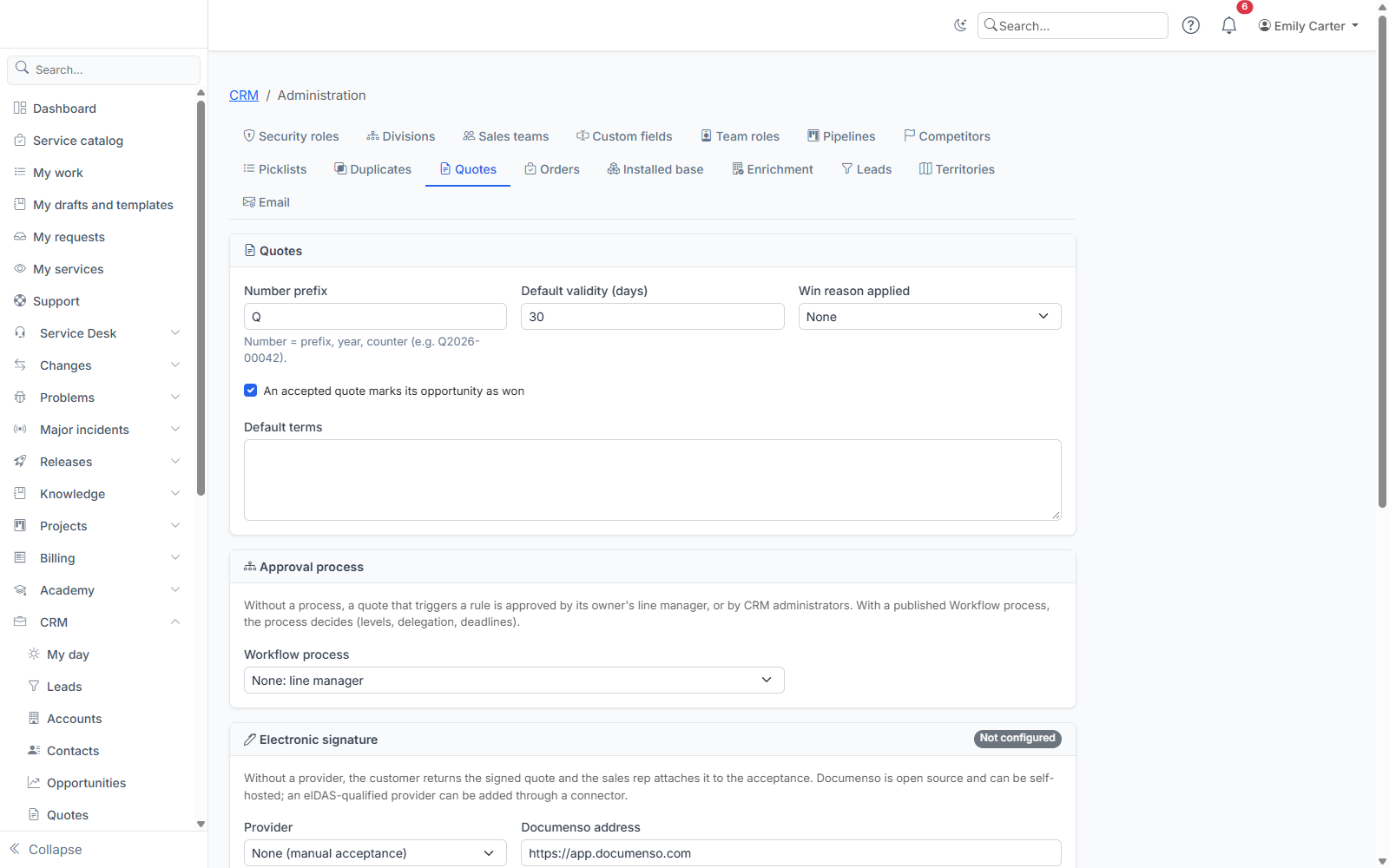 Quote settings: numbering, validity, approval process and electronic signature.