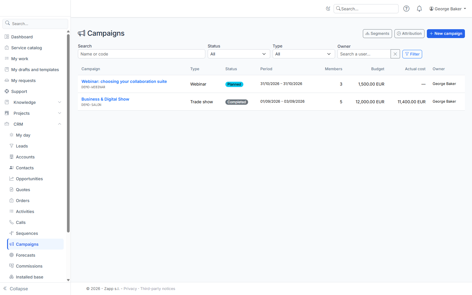 The campaign list: type, status, period, members, budget and actual cost.