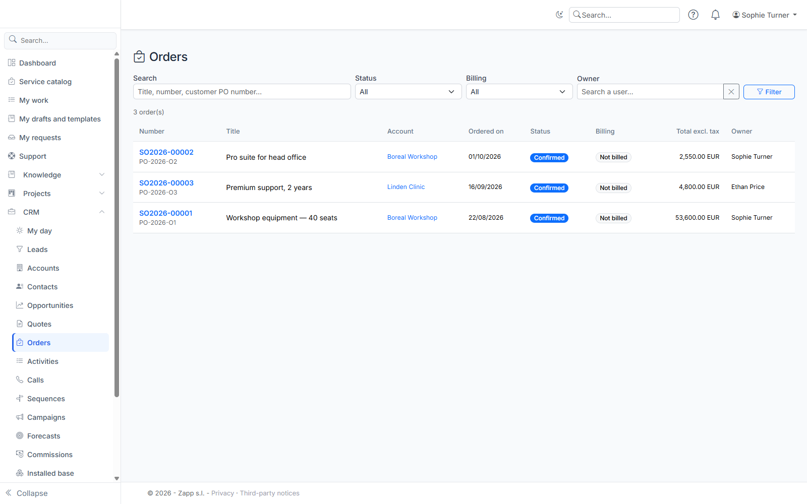 The order list: account, date, status, billing and total.