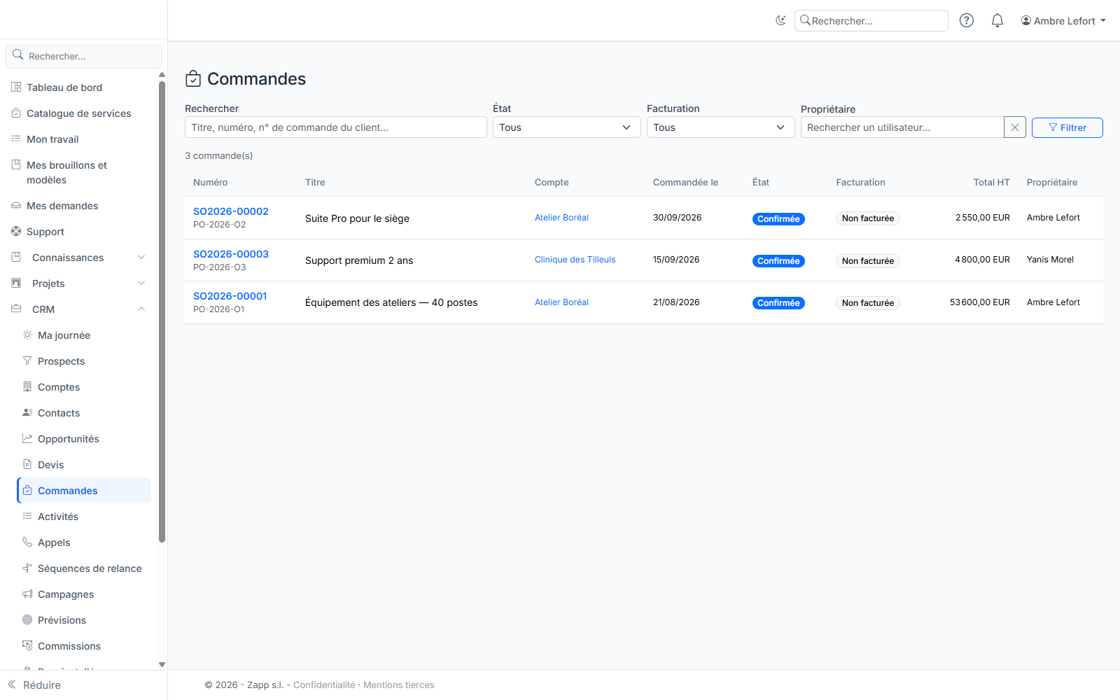 La liste des commandes : compte, date, état, facturation et total.