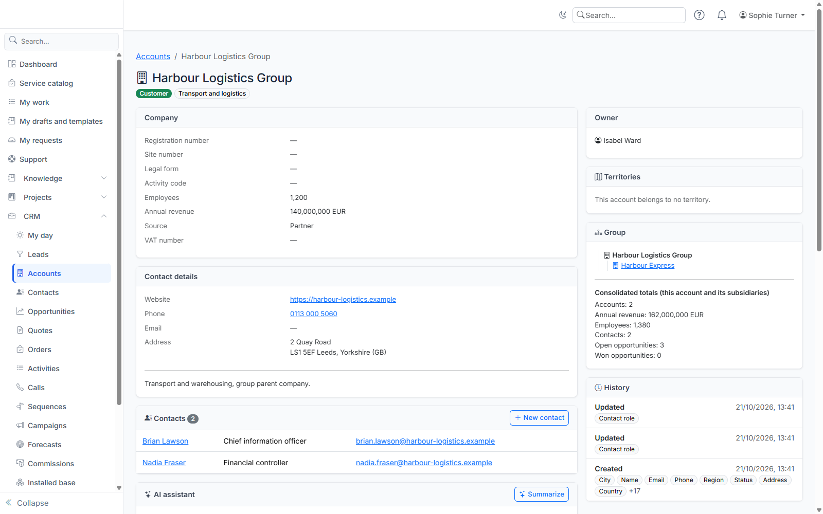 An account record: company, contact details, contacts, group and consolidated totals, history.