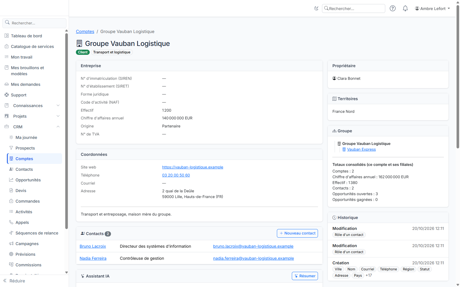 La fiche d'un compte : entreprise, coordonnées, contacts, groupe et totaux consolidés, historique.