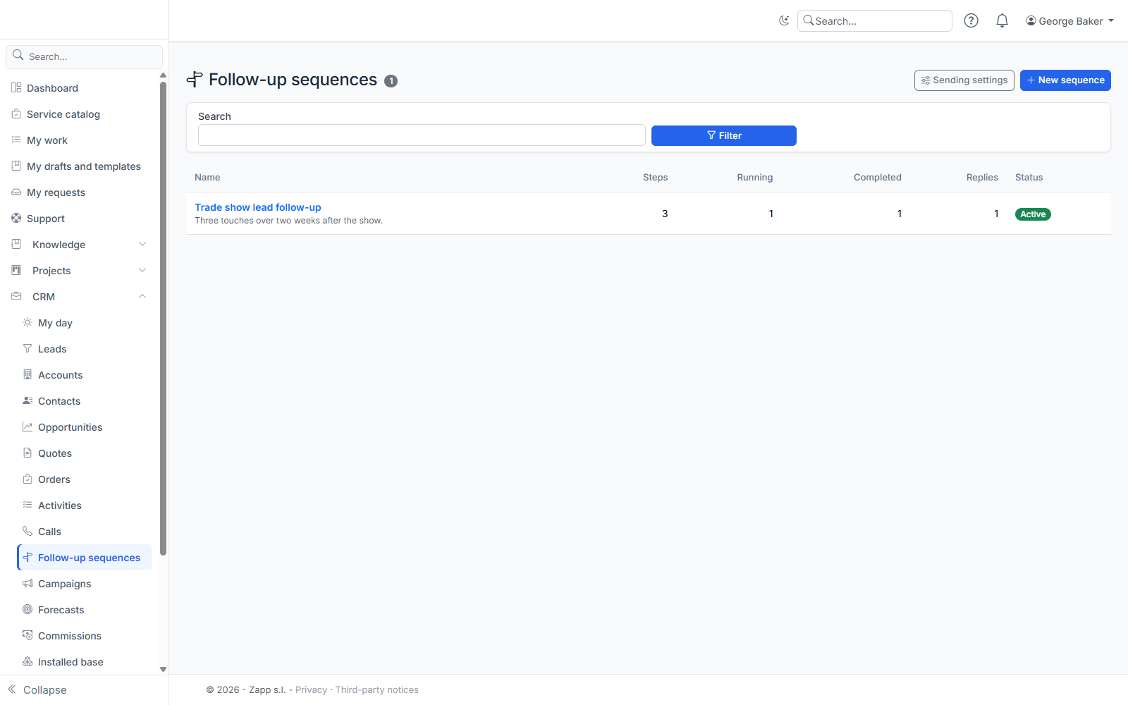 Follow-up sequences: steps, running and completed enrolments, replies.