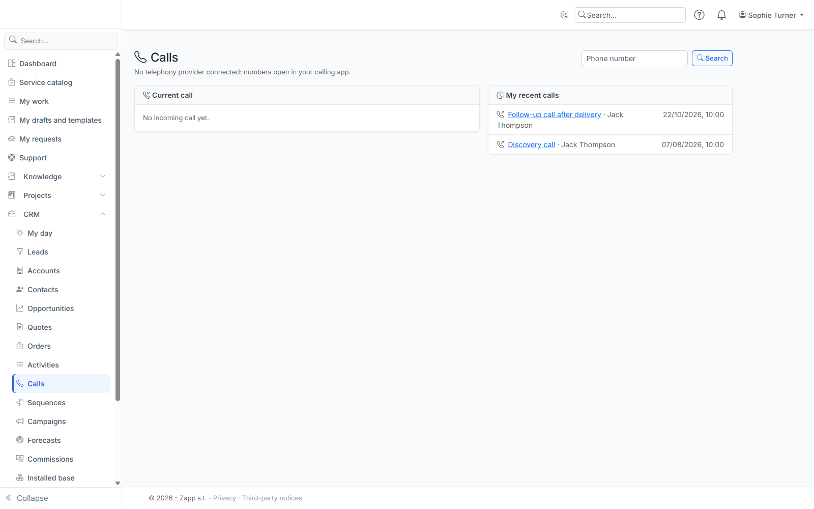 The call console: current call and recent calls.